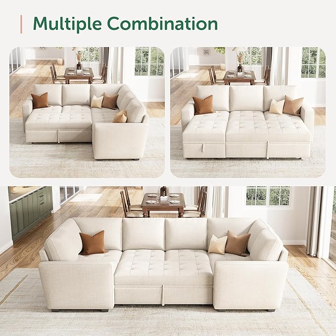 HONBAY Modular Sectional Sleeper Sofa with Pull Out Bed, Corner Seat for Sectional Couch, Beige