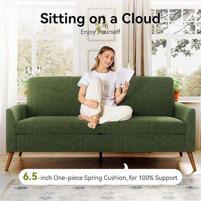 68" Loveseat Sofa, Comfy Green Corduroy Couches for Living Room, Mid Century Modern Love Seat Sofa, Tool-Free Setup Small Couches for Bedroom Office