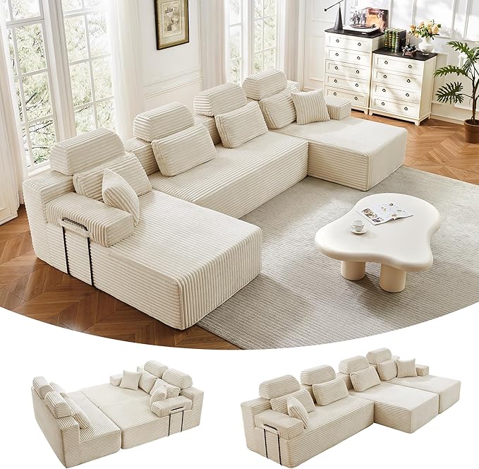 141" U-Shaped Cloud Modular Sectional Sofa with Chaise & Headrest, Boneless Deep Seat Plush Corduroy Couches for Large Living Room, No Assembly Required (White, 141" U-shapred Chaise)