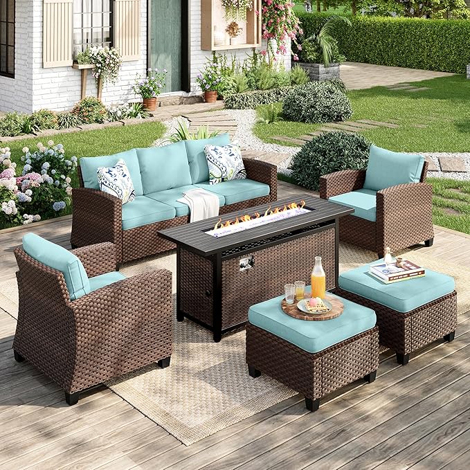 Patio Furniture Set, 6 Pcs Wicker Rattan Outdoor Conversation Set, 2 x Leg Chairs, 1 x 3 Seater Sofa and 2 x Ottoman with 4" Thick Cushion and 56" Fire Pit Table, Blue