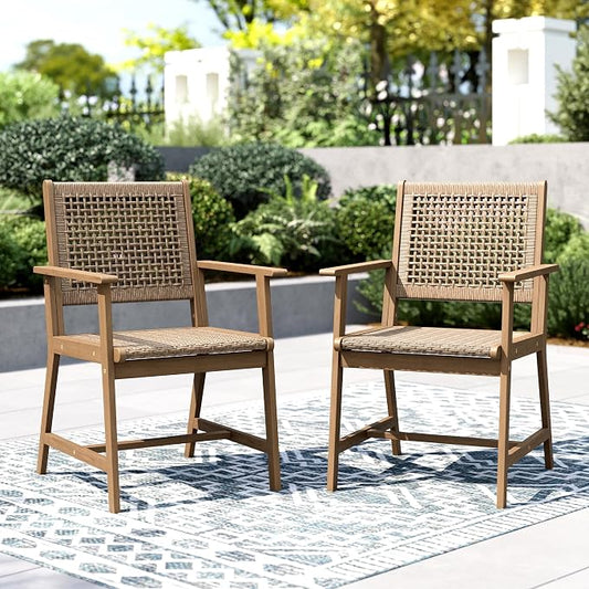 PHI VILLA Outdoor Acacia Wood Chairs Set of 2, Patio Dining Armchairs with Wicker Back & Seat, Farmhouse Style Teak Seating Furniture for Deck Yard Balcony Garden - Light Brown by PHIVILLA
