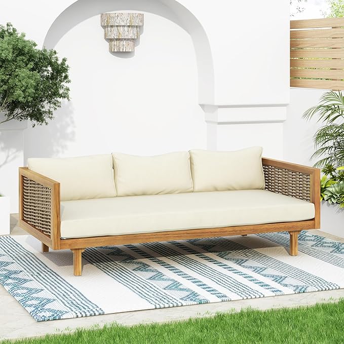 Christopher Knight Home Claremont Patio Sofa and Coffee Table Set, 2 Piece Wicker Patio Furniture Set, Acacia Wood 3 Seater Outdoor Sofa Daybed and Coffee Table Set, Teak+Beige
