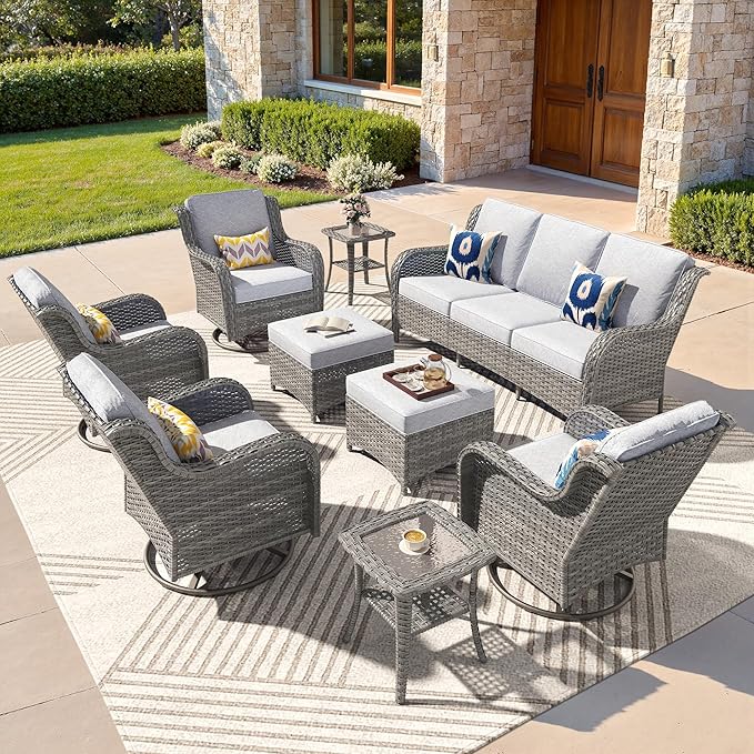 ovios 9-Piece Patio Furniture Set with Swivel Chairs Coffee Table, Outdoor Wicker Sofa with Comfy Cushions, High Back Couch Modern Conversation Sets, Grey/Grey