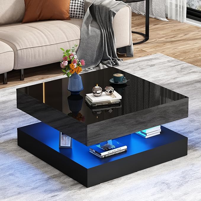 33.9" LED Coffee Table with Storage, Modern High Glossy Living Room Table w/2 Drawers,Double-Layer Design Large Square Center Table for Living Room, Home, Office, Black