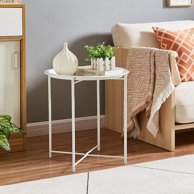 VECELO Side/End Table, Folding Round Metal Anti-Rust and Waterproof Outdoor or Indoor Tray for Living Room Bedroom Balcony and Office, 2 PCS, Beige - Image 7