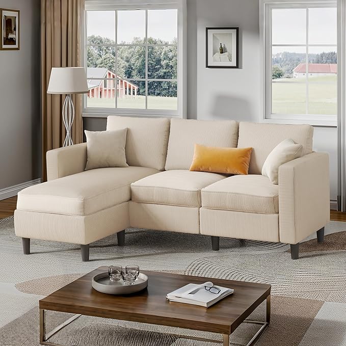 Shintenchi Small Sectional Sofa Couches,L Shape Convertible Sofa with Ottoman,3 Seat Comfy Corduroy Upholstered Sofa Couch,Small Couch for Apartment,Living Room and Office(Beige)
