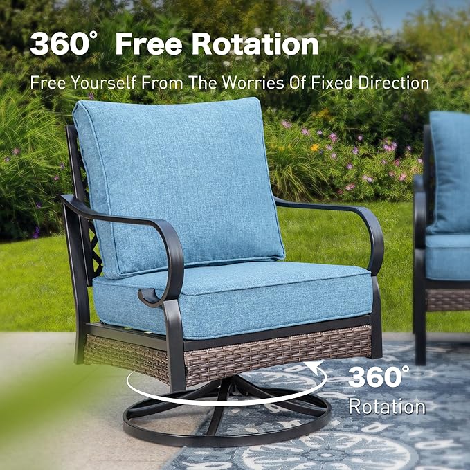 5 Piece Metal Outdoor Patio Furniture Set, Patio Conversation Setsv with 3-Seater Sofa, Loveseat, 2 Fixed Sofa (5.75" Thick Cushion) & Coffee Table Black Backyard Furniture, Denim Blue