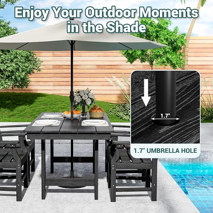 Pamapic 5-Piece Outdoor Dining Set, HDPE Outdoor Rectangular Table and 4 Chairs, Wood Grain Patio Furniture Sets with Armrest, All-Weather Patio Dining Table with Umbrella Hole, Black - Image 2
