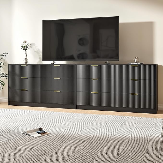 Black Dresser Set of 2, Large Dresser for Bedroom Wooden with 12 Drawers, Fluted Modern Bedroom Furniture Set, TV Stand Dressers & Chests of Drawers for Closet (15.7"D x 110.2"W x 31.8"H)