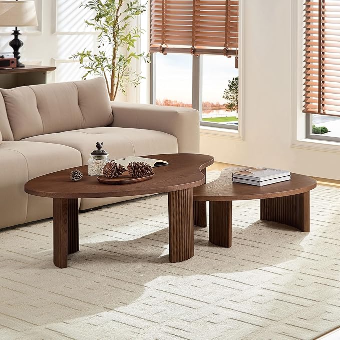 Modern Nesting Coffee Table Set of 2 for Living Room,Irregular Shape End Side Tables for Office,Easy Assembly,Walnut