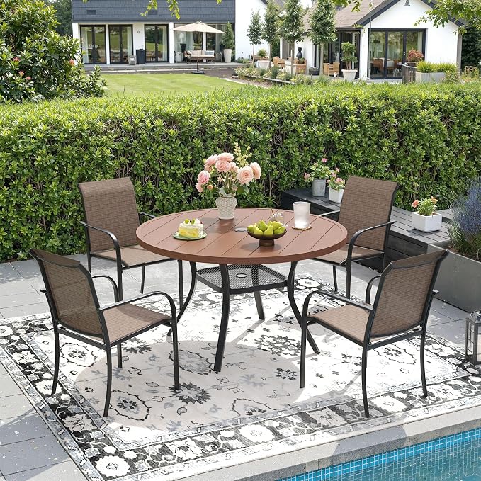 DIFY Outdoor Dining Set for 4, Patio Dining Furniture Set Includes 42" Walnut Round Table with Adjustable Umbrella Hole and 4 Brown Stackable Metal Chairs for Poolside, Garden, Backyard by DIFY