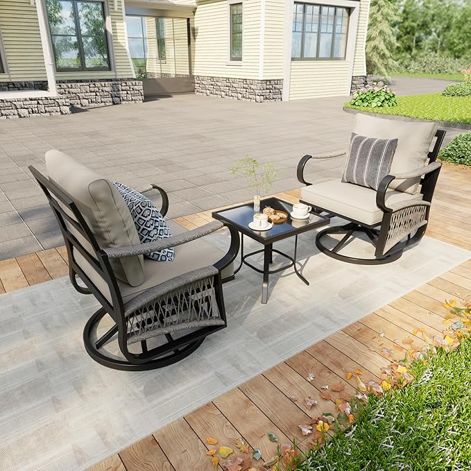 Patio Conversation Sets, 3 Pieces Outdoor Bistro Sets with 360° Swivel Gliders & Side Table, Waterproof Rocking Chairs Furniture Set for Porch Balcony Backyard, Beige