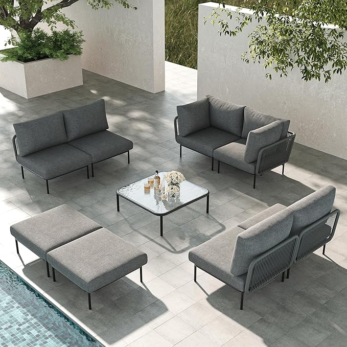 LayinSun 9 Pieces Aluminum Patio Furniture Set, Modern Modular Sectional Sofa with Coffee Table and Upgrade Thickness Cushion