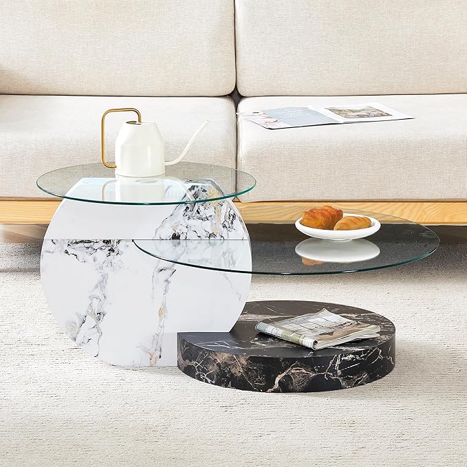 35.4" Glass Coffee Table, Round Coffee Table, 2-Tier Tempered Glass Tabletop with White and Black Faux Marble Base, Modern Center Table for Living Room, Home, Apartment, Ideal for Small Space