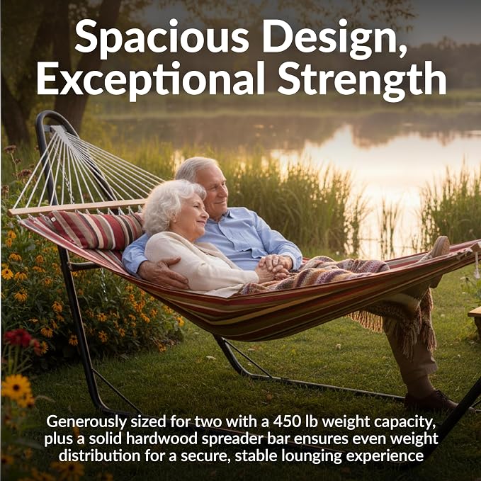 Sunnydaze Double Quilted Fabric Hammock with Universal Steel Stand - 440-Pound Capacity - Black Stand - Awning Stripe - Image 4