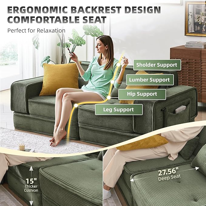 Modular Sofa Bed, No Assembly Required Sectional Couch for Living Room, Compressed Cloud Couch with Corduroy Fabric & Lumbar Pillows, Small Space Furniture Green