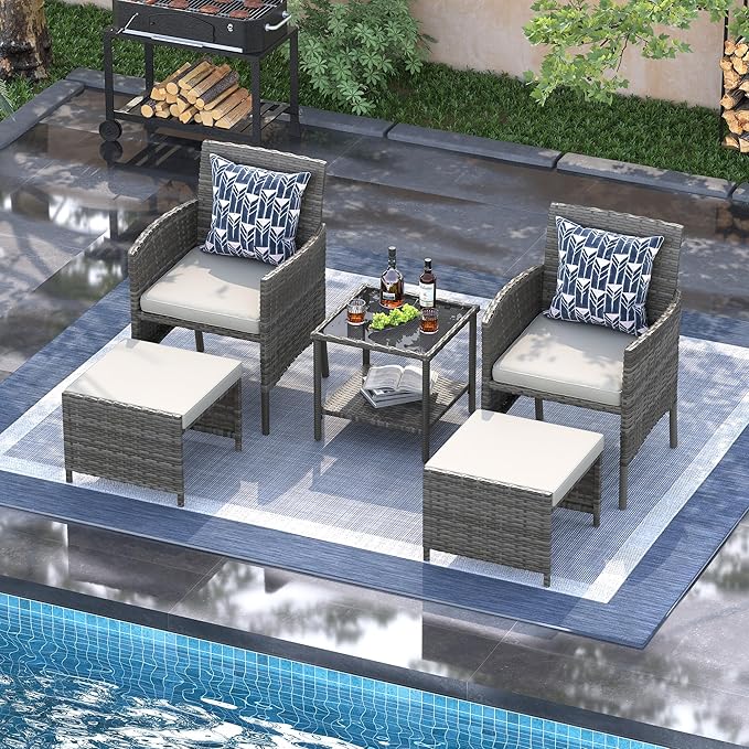 UDPATIO Outdoor Furniture Patio Chairs with Ottoman, Ideal for Balcony, Porch, 5 Piece Patio Furniture Set with Side Table for Deck, Apartment