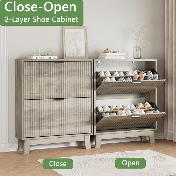 Xixini Shoe Cabinet with 2 Flip Drawers, 37" Tall Narrow Fluted Shoe Storage Organizer for Entryway, Hidden Slim Wooden Shoe Rack Cabinet for Front Door Entrance, Hallway, Living Room, Light Grey - Image 5