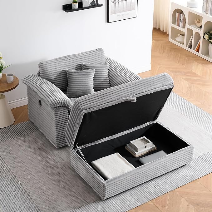 KEIKI 47.24 inch Corduroy Sofa, Corduroy Armchair with Storage Feet, 2 Throw Pillows, Sleeper Couch for Living Room, Apartment, Salon, Home Theater, Gray