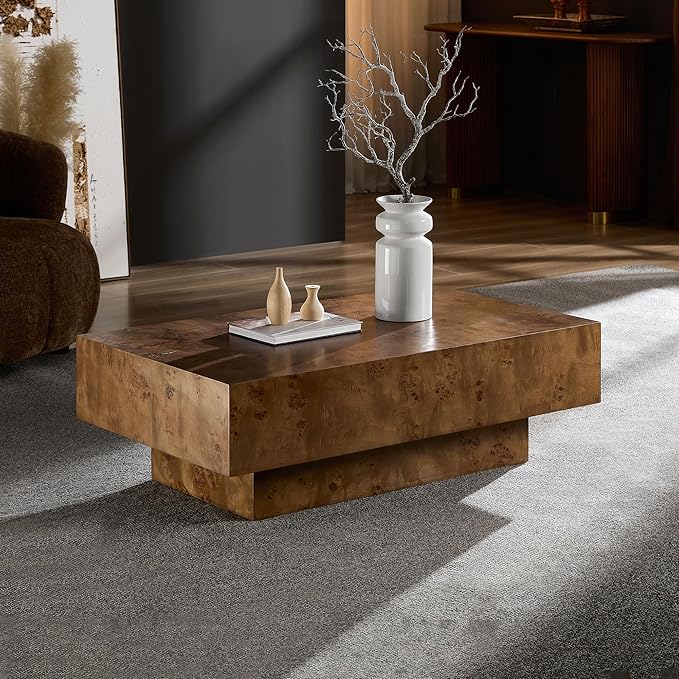 WILLIAMSPACE 43.31" Rectangle Coffee Table with Burl Wood Veneer & Sturdy Base, Modern Luxury Wood Drum Center Table Accent Side End Table for Living Room Apartment, Walnut