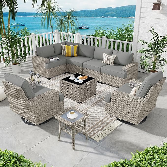 ovios 9 Piece Patio Sectional Furniture with Swivel Rocking Chairs, Rattan Wicker Coversation Set with Glowing Coffee Table, Outdoor Sofa Set for Outside Porch Balcony Backyard Pool,Dark Grey