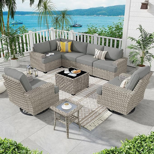 ovios 9 Piece Patio Sectional Furniture with Swivel Rocking Chairs, Rattan Wicker Coversation Set with Glowing Coffee Table, Outdoor Sofa Set for Outside Porch Balcony Backyard Pool,Dark Grey