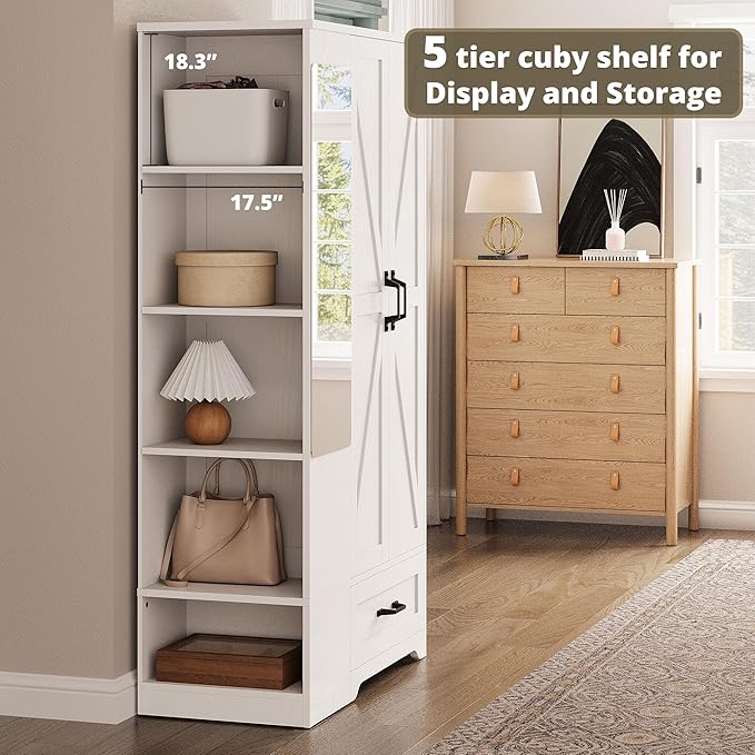 LIKIMIO Armoire Wardrobe Closet with Barn Doors and Drawers and Full Mirror and 5 Storage Shelves 70" Wooden Bedroom Wardrobe Combination for Hanging Clothes, White