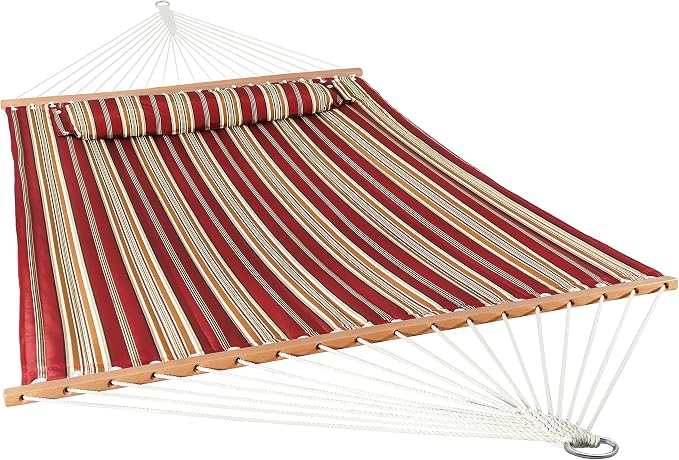 Sunnydaze Quilted Double Hammock for Outside with Spreader Bars and Pillow - 450 lb Capacity, 74x55 Inch Bed, UV Resistant, Quick Dry - Chains Included, Stand Sold Separately - Red Stripe - Image 10