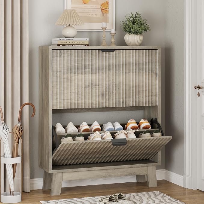 Xixini Shoe Cabinet with 2 Flip Drawers, 37" Tall Narrow Fluted Shoe Storage Organizer for Entryway, Hidden Slim Wooden Shoe Rack Cabinet for Front Door Entrance, Hallway, Living Room, Light Grey by Xixini