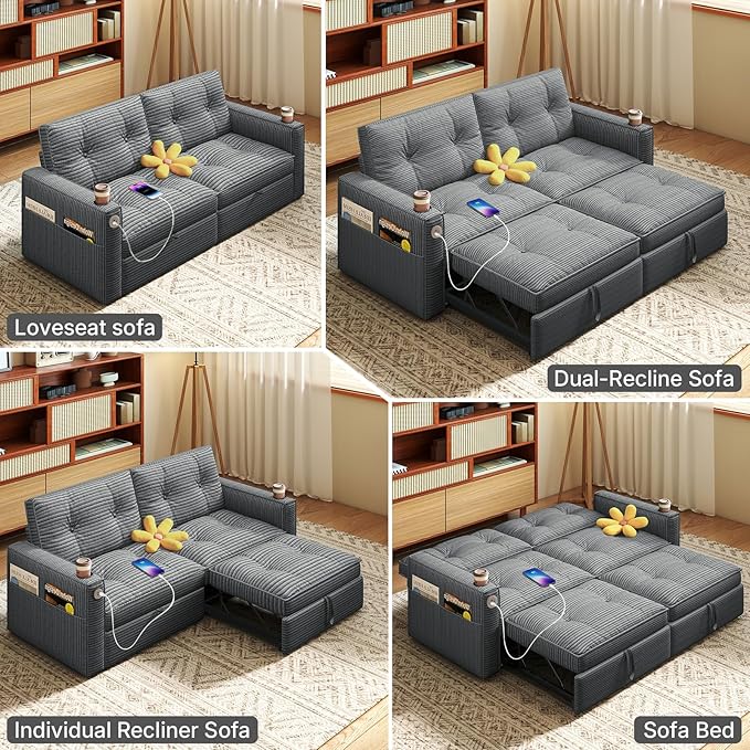 Rovibek 73.2" Convertible Sofa Bed, Pull Out Couch with USB Charging Port & Cup Holders, Adjustable Backrest, Side Pockets, Modern Corduroy Sleeper Sofa for Living Room, Bedroom, Apartment, Grey