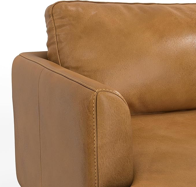 SIMPLIHOME Livingston Sofa - 76 inch Wide Top Grain Genuine Leather Sofa in Sienna, Mid-Century Modern Loveseat for Living Room with Removable Feather-Wrapped Cushions and Solid Wood Frame