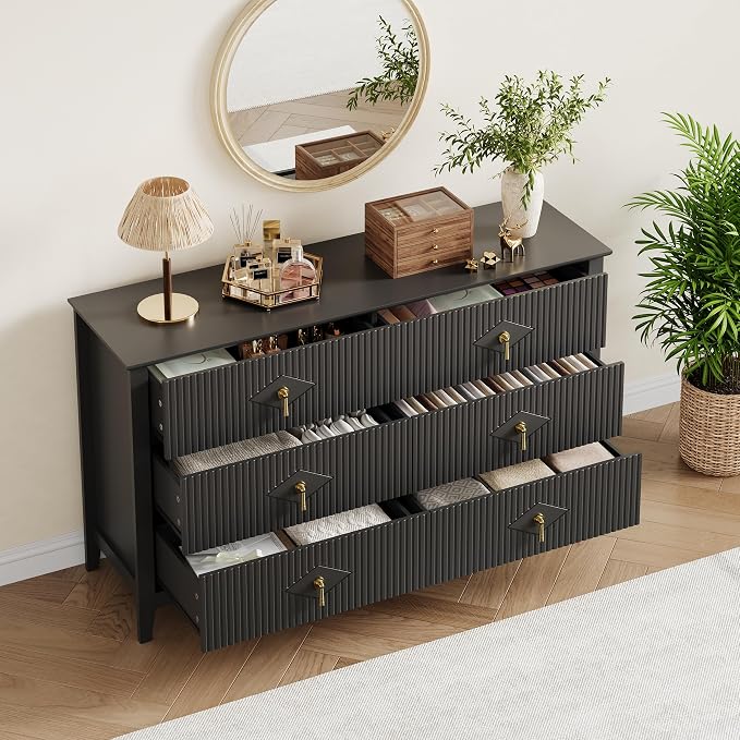 GarveeHome Fluted Dresser for Bedroom, 54 Inch Wide 6-Drawer Wood Dresser, Modern Chest of Drawers, Storage Organizer Cabinet for Living Room, Hallway, Entryway, Black - Image 6