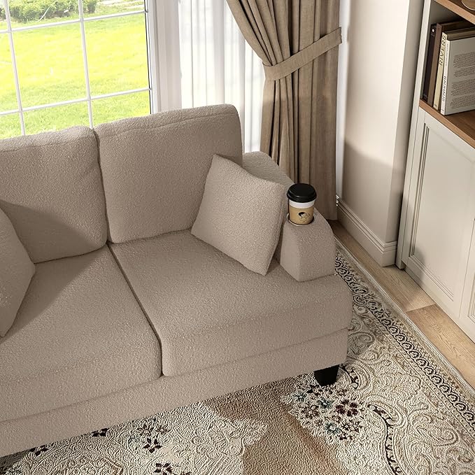 Homes: Inside + Out Reese Modern Plush Boucle Comfortable Loveseat with Side Pockets, Cup Holders and Pillows, Wooden Soft Couch for Living Room, Bedroom and Office, Beige