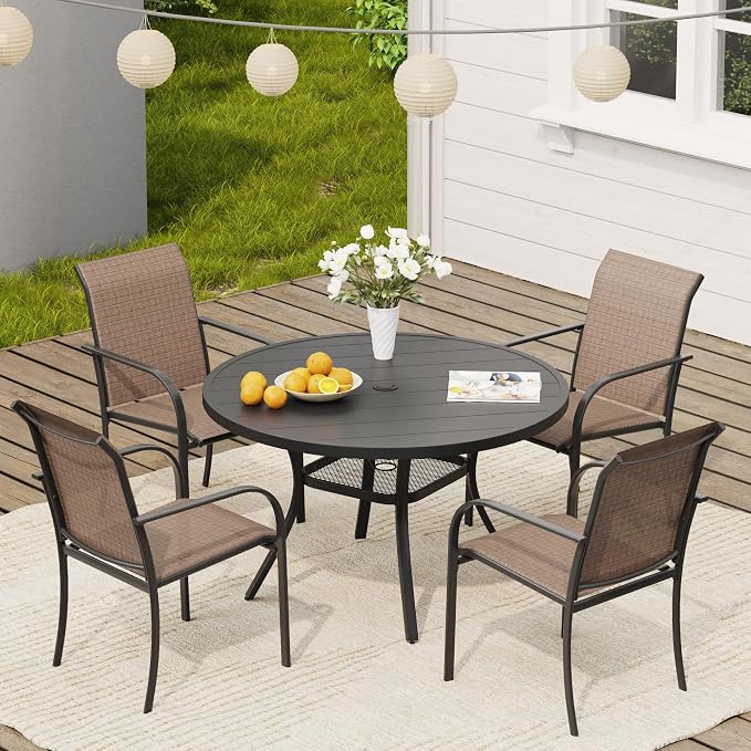 VICLLAX Round Outdoor Dining Set, Patio Table and Chairs Set Set of 4 Patio Stackable Chairs and 40.6" Outdoor Round Table with Umbrella Hole for Backyard Lawn Garden, Brown Chairs and Black Table by HOME