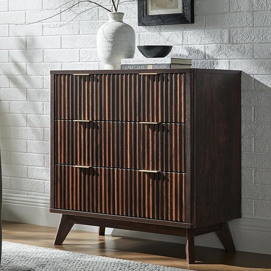 T4TREAM Fluted 3 Drawer Dresser, 32" Tall Modern Chest of Drawers, Curved Profile Design, Wood Drawer Organizer for Bedroom, Living Room, Hallway, Entryway, Dark Walnut by T4TREAMFurniture