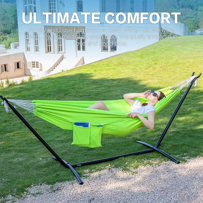 PNAEUT Double Hammocks with Stand for Outside, Portable Space Saving Heavy-Duty Steel Stand for Indoor Outdoor Patio with Carrying Bag, 450 lbs Capacity (Green) - Image 3
