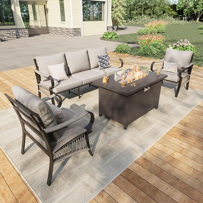 4 Pieces Outdoor Patio Conversation Sets, Outdoor Furniture Set Metal 3-Seater, 2 Single Chairs, Fire Pit Table for Backyard Deck Porch Poolside, Beige