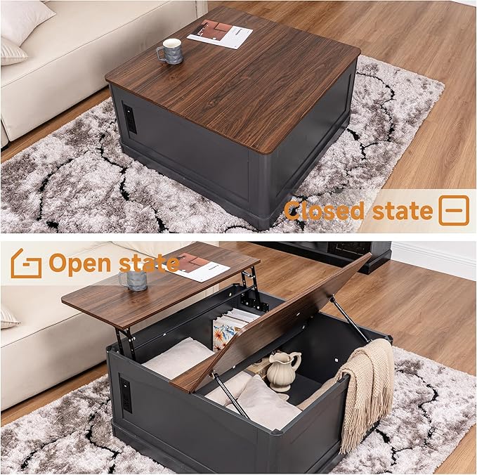 Lift Top Coffee Table with Hidden Storage and Power Outlets, 35.4 Square Center Table Solid Matte Finish, Hidden Storage Coffee Table for Saving Spaces w/ 2AC, 2USB (Weathered Gray, 35.4 inch)