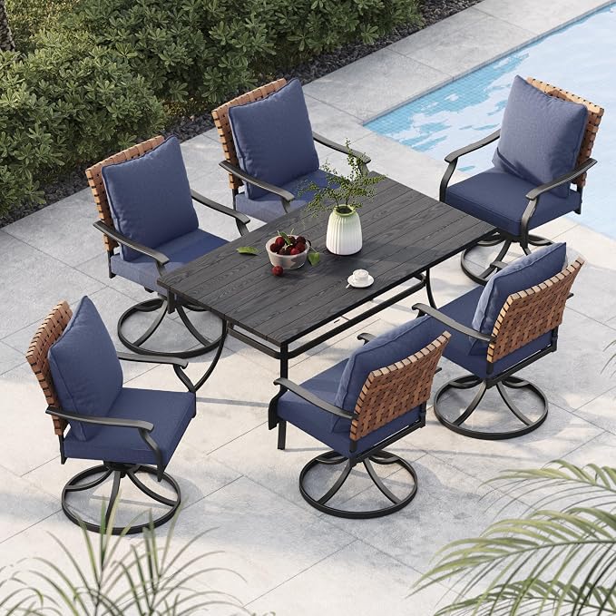 Grand patio 7-Piece Outdoor Dining Set, 6 Leather-Look Wicker Swivel Blue Patio Chairs & 1 Rectangular Dining Table, Black by GrandPatio