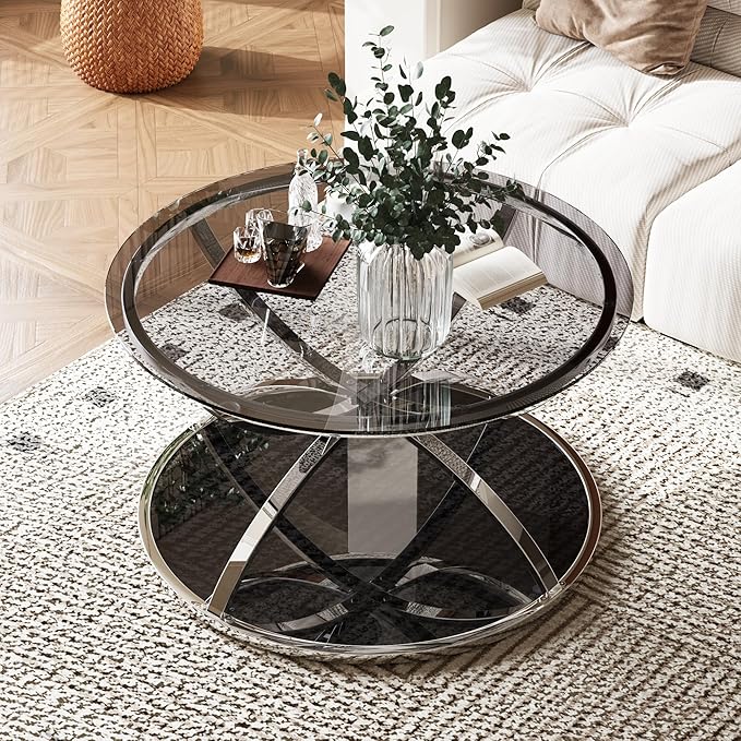 32" Tempered Glass Round Coffee Table Modern Chrome Frame Dome Base Two Tiers Circle Living Room Center Tables