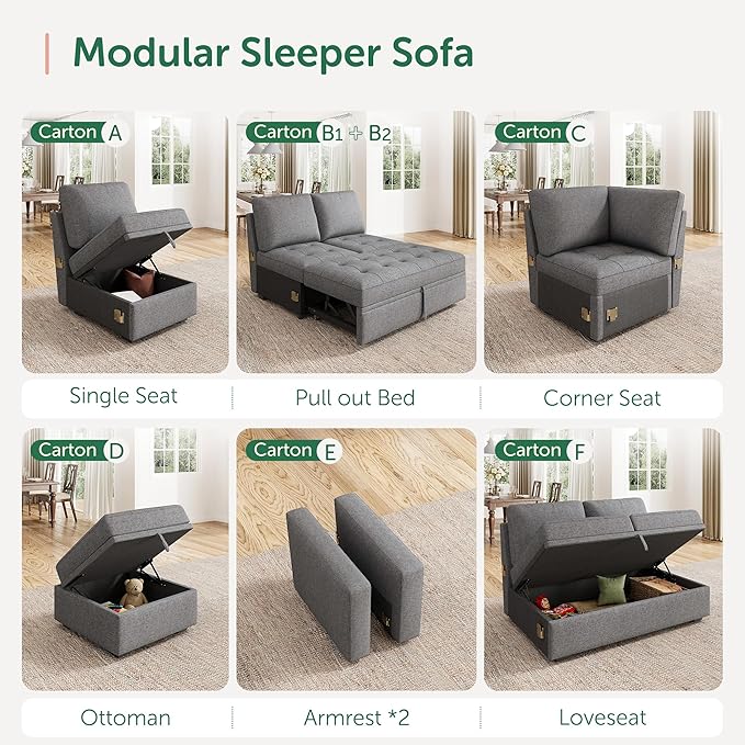 HONBAY Modular Sectional Sleeper Sofa with Pull Out Bed, Ottoman for Sectional Couch, Grey