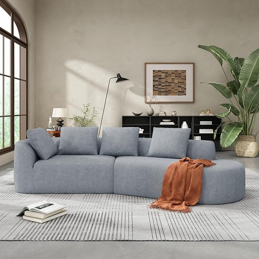 Merax 116" Curved Polyester Sectional Sofa, Modern Pearl Upholstery 3 Seat Cloud Couch with Chaise Lounge & 4 Pillows for Living Room, Light Gray