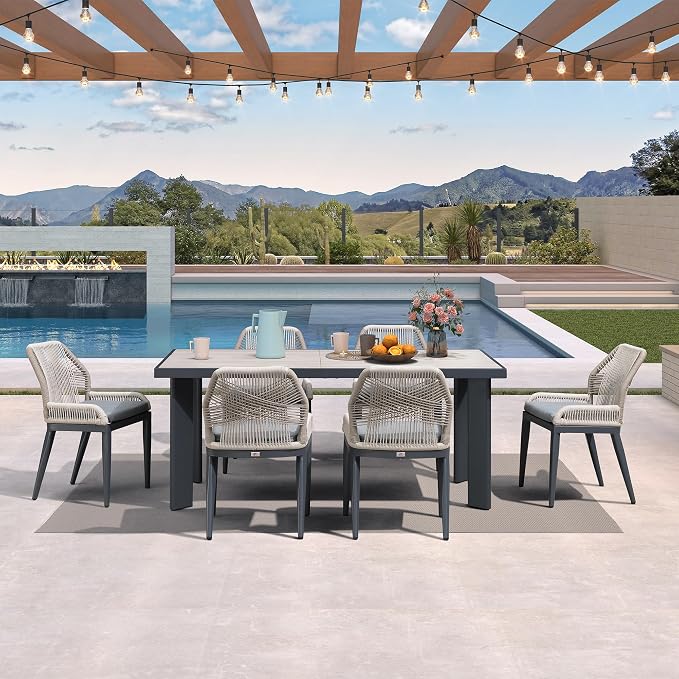 PURPLE LEAF 7 Pieces Patio Dining Set Aluminum Rectangular Table and Wicker Chairs with Cushions for Kitchen Porch Garden Modern Outdoor Furniture Sets, Beige and Dark Grey by PURPLELEAF