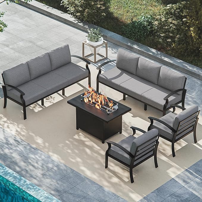 ALAULM Aluminum Patio Furniture Set with Propane Fire Pit Table 8-seat Metal Outdoor Furniture w/Fire Pit Patio Conversation Set w/5.1" Cushions for Patio, Backyard, Poolside-Grey