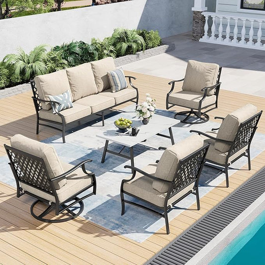 6 Piece Metal Outdoor Patio Furniture Set, Patio Conversation Sets 1 3-seater Sofa, 2 Swivel Chair, 2 Leg Chair with 5.75" Thick Cushion and Coffee Table, Backyard Furniture Set, Beige
