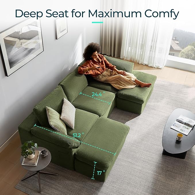 LINSY HOME Modern Boneless Cloud Couch Set with Movable Ottomans, Deep Seat Corduroy Secional Sofa Couch Sets for Living Room, Apartment, Office, No Assembly Required, Green