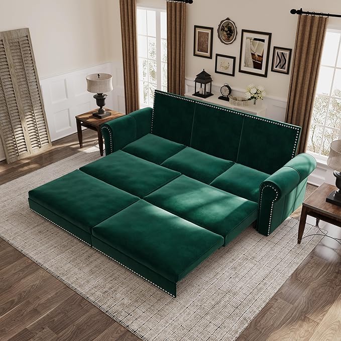 Eafurn 93.7" King Size Pull Out Sofa Bed, 3-in-1 Convertible Sleeper Sofa Couch Bed with Nailhead Decor and Rolled Arms, Velvet Oversized Chesterfield Loveseat Chaise Lounge