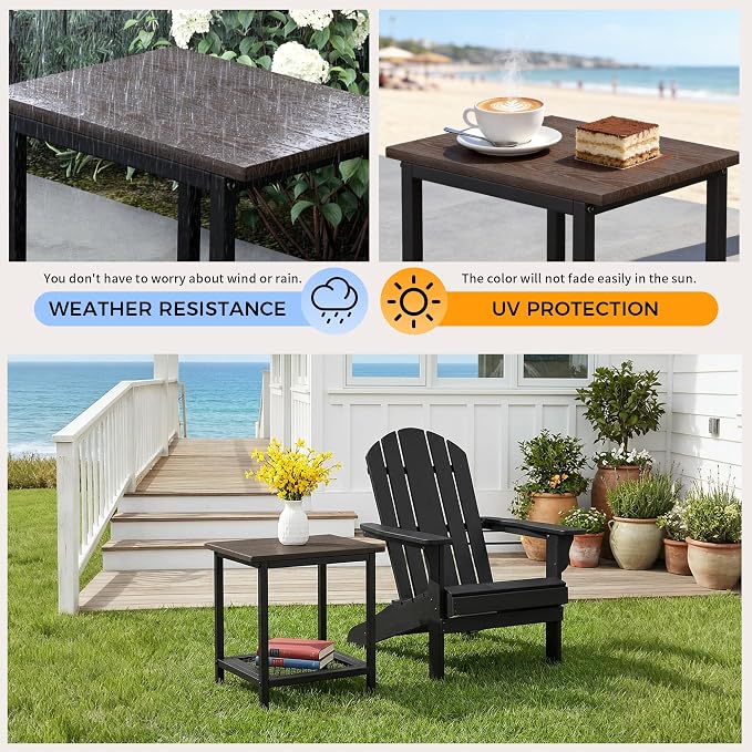 2-Tier Outdoor Side Table with Storage, Weather Resistant Patio End Table, HDPS Small Accent Table for Deck, Garden, Pool, Backyard, Brown - Image 6