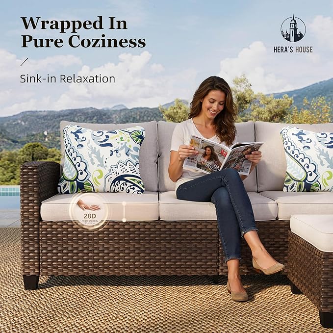 HERA'S HOUSE Patio Furniture Set, Outdoor Wicker Furniture with Fire Pit, 8 Pieces Deep Seating Outdoor Conversation Sofa Sets with Thick Cushions for Deck Backyard Lawn, Beige