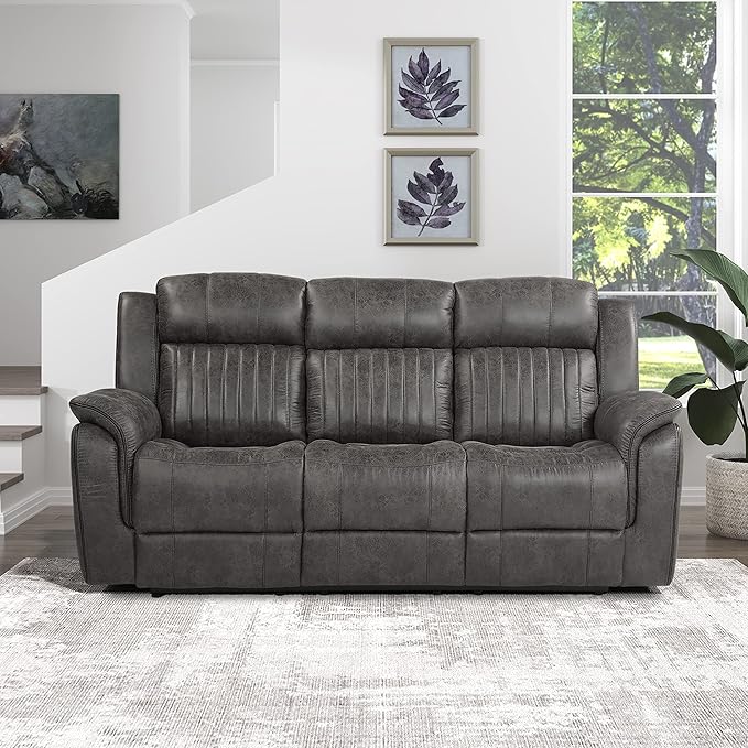 Lexicon 83.5" W Manual Double Reclining Sofa, Polished Microfiber Recliner Sofa, Pillow Top Arms, for Living Room, Apartment, Easy Assembly, Brownish Gray